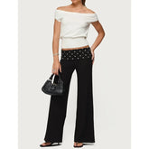 Folded Over Elastic Low Waist Contrast Color Wide Leg Sweatpants